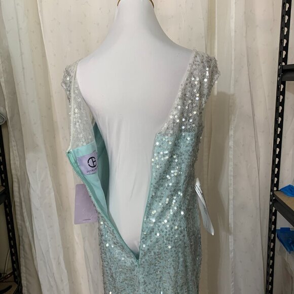 JS Collections CLAIRE Tea Length Sequined Dress Sz 10 Light Aqua Frozen - Picture 6 of 11